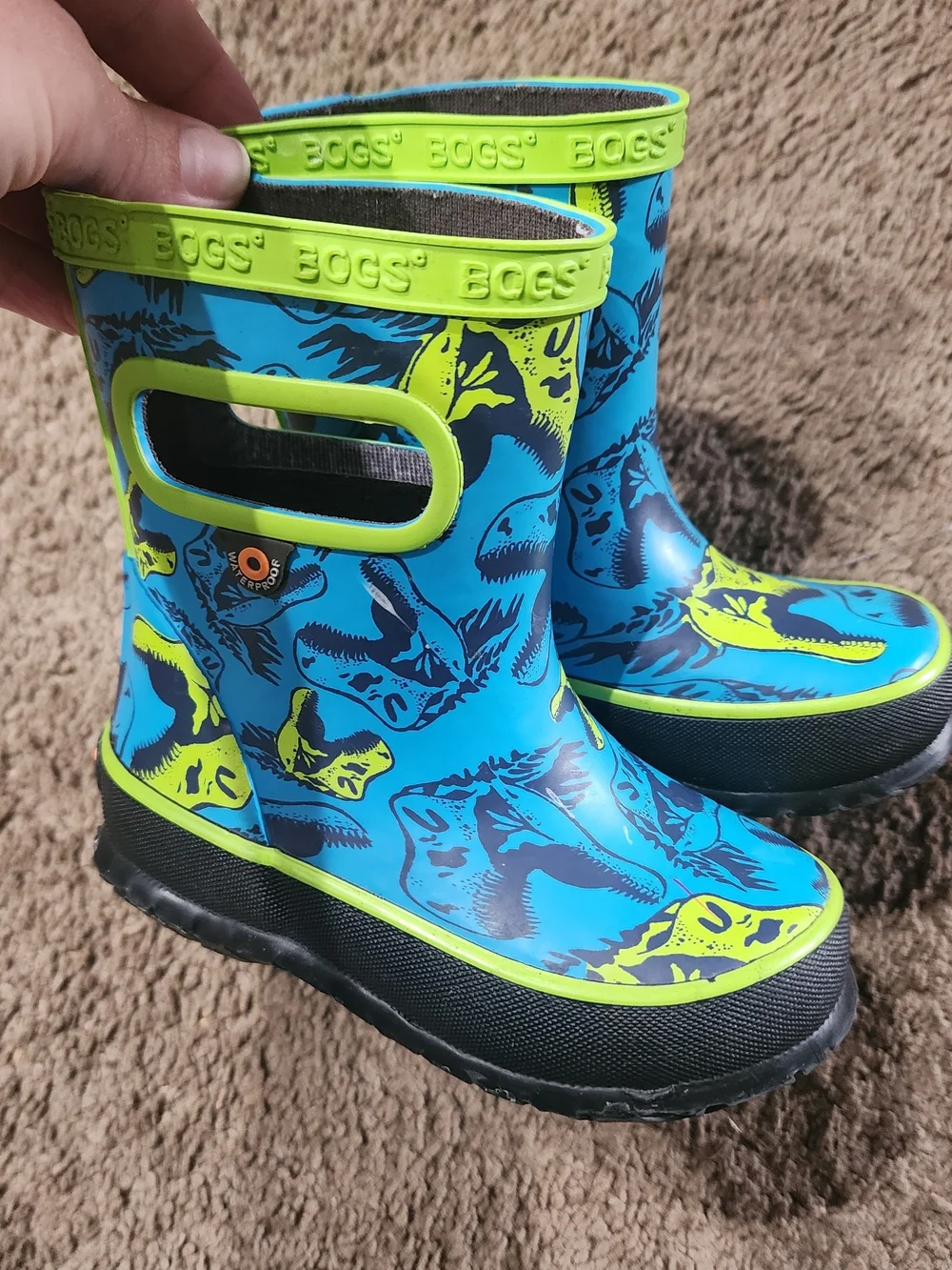 Bogs Kids Blue & Lime Dinosaur Handle Rain Boots